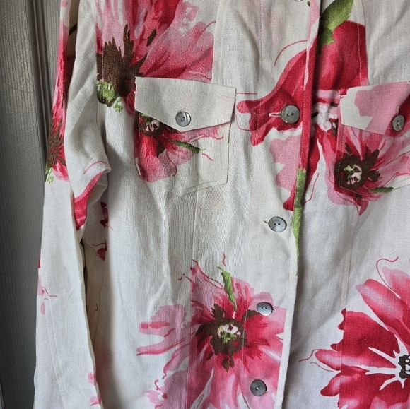 Chico's Floral 100% Linen Shirt Pink Green Long Sleeve ButtonUp Coastal - Picture 6 of 14